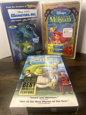 Sealed VHS Lot Monsters Inc + Little Mermaid + Shrek Factory Sealed Bundle - Image 1 of 4