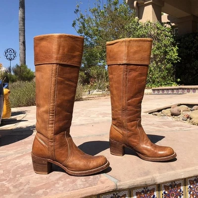 Botas de Colección Años 70 Frye Campus Etiqueta Negra Cuero Mujer Puño Rodilla Talla 7.5 Boho Fairy Foto 1 de 4