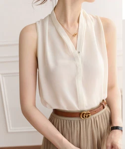 Blusa sin mangas de chifón con cuello en V para mujer Prendas para el torso para el hogar Ropa de oficina Camisas de trabajo - Imagen 1 de 6