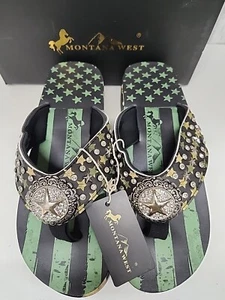Montana West Silver Stud Green Camo Stars Patriotic Flag Flip Flop Wedge Sz 10 - Picture 1 of 7