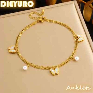 Shell Butterfly Anklet White Pearl Double Layer for Women Foot Chain Jewelry - Picture 1 of 7