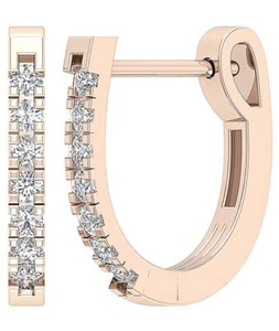 10K Solid Rose Gold Hoop Earrings VS F 0.25 Ct Lab Grown Round Diamond Pave Set - Picture 1 of 11