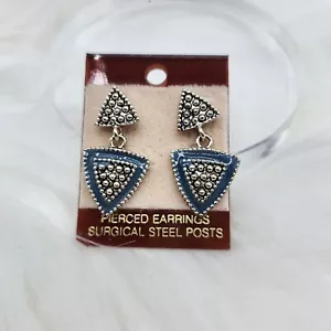 Geometric Blue Earrings, Studded, Silver, Surgical Steel Posts, Triangles - Picture 1 of 3