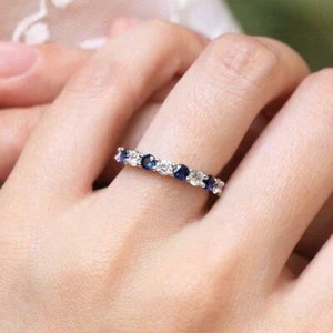 2ct Round Blue Sapphire Diamond Eternity Wedding Band Ring 14k White Gold Finish - Picture 1 of 7