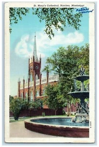 1947 St Mary's Cathedral Fountain Building Tower Natchez Mississippi MS Postcard - Picture 1 of 2