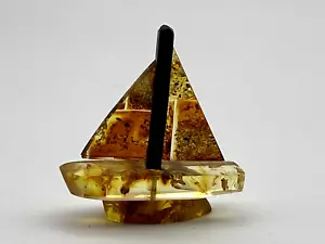 Amber Mini Figurine Yacht Sailboat Desk Ornament Baltic Real Amber - Picture 1 of 12