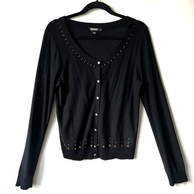 Cárdigan DKNY Etiqueta Negra Y2K 100% Seda Tussah Negro Joya Cuentas Preppy LEER Foto 1 de 4