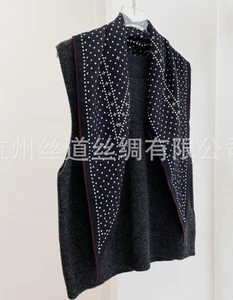 70%Cashmere 30% Silk Shawl polka Print Bandanna Black Diamond Scarf 130X45cm - Picture 1 of 7