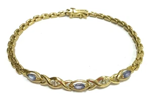 (MA3) Bracciale donna oro giallo 14 carati 7,7 g tanzanite e diamanti maglia pantera 7" - Foto 1 di 4