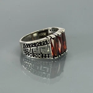 Garnet 925 Sterling Silver Men’s Ring with Greek Key Design - Picture 1 of 6