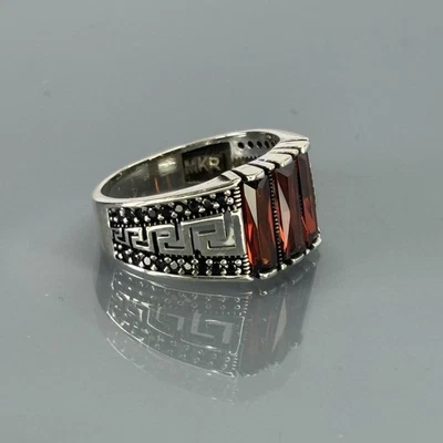 Garnet 925 Sterling Silver Men’s Ring with Greek Key Design - Image 1 of 4