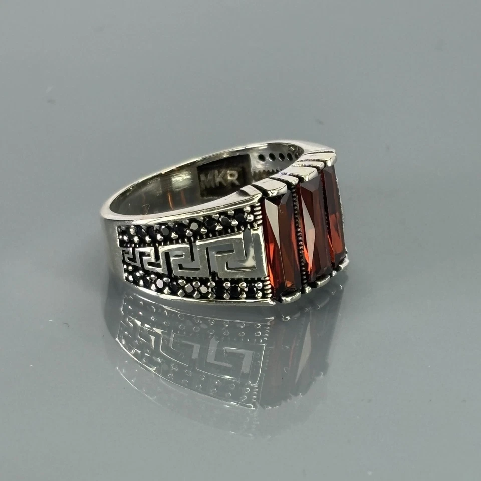 Garnet 925 Sterling Silver Men’s Ring with Greek Key Design - Image 1 of 4
