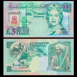 🇬🇮 Gibraltar 5 libras 1995 QEII Tarik Ibn Zeyad P 25 AA prefijo gema nítida sin circular - Imagen 1 de 5