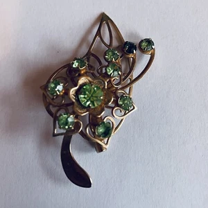 Brosche Anstecknadel goldfarben grün Strass Blattform Blume Modeschmuck - Bild 1 von 4