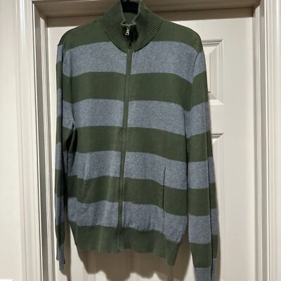 BANANA REPUBLIC Cotton Cashmere Full Zipper Cardigan Gray Green stripe SZ LARGE - Image 1 of 4