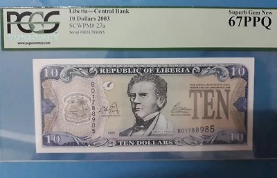 2003 Liberia 10 Dollars PCGS67 PPQ  <P-27a> GEM UNC  - Image 1 of 2