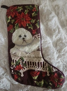 Needlepoint Christmas Stocking Bichon Frise Dog Poinsettia Velvet Back ~17" Long - Picture 1 of 12