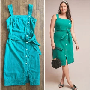 Anthropologie Maeve Midi Dress Green Elizabeth Side Button Women 10 Retro Classi - Picture 1 of 14