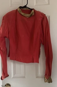 Vtg 1950's Handmade OOAK Red Satin Blouse Shoulder Pads Gold Lame Buttons S - Picture 1 of 16