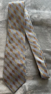 Atelier Milano 100% Silk Blue Gold & Copper Geometric Necktie Made In Italy 58” - Image 1 of 4