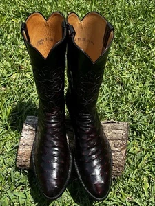 Lucchese Mens 11EE Black Cherry Full Quill Ostrich Boots with Socks Included - Picture 1 of 9