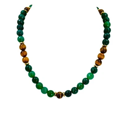Collar de cuentas de piedra ojo de tigre verde aventurina y marrón con detalles dorados Nuevo Foto 1 de 4