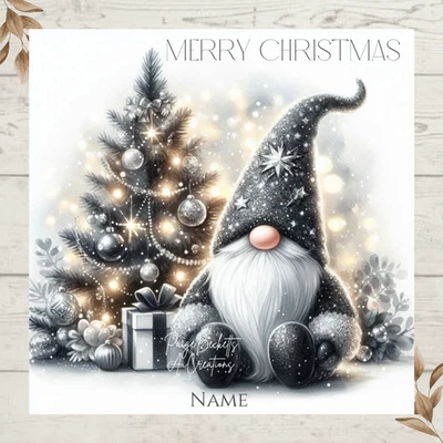 PAIGE BECKETT'S SENTIMENTAL CREATIONS Personalised Festive black & Silver GONK CHRISTMAS Greeting Card ANY NAME/NAMES