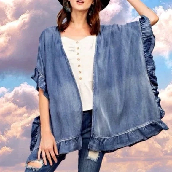Easel Chambray Denim Blue Ruffle Kimono Open Cardigan Duster Jacket Size Large - Image 1 of 4
