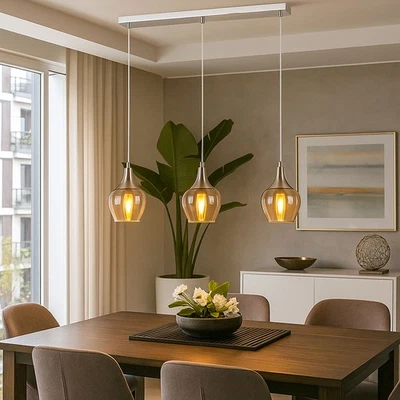 Lampadario Da Pranzo Retro Argento E14 Vetro 3-Fiamma - Immagine 1 di 4