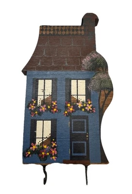 Porta llaves de casa azul de madera pintado a mano para pared flores árbol 2 ganchos cabaña Foto 1 de 4