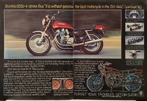 Suzuki GS750 1977 motocicleta anuncio impreso de 2 páginas - Imagen 1 de 1