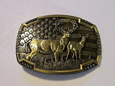 BANDERA AMERICANA CIERVOS CAZA BUCK HUNTER Hebilla de cinturón de metal (ASPECTO LATÓN)  Foto 1 de 4