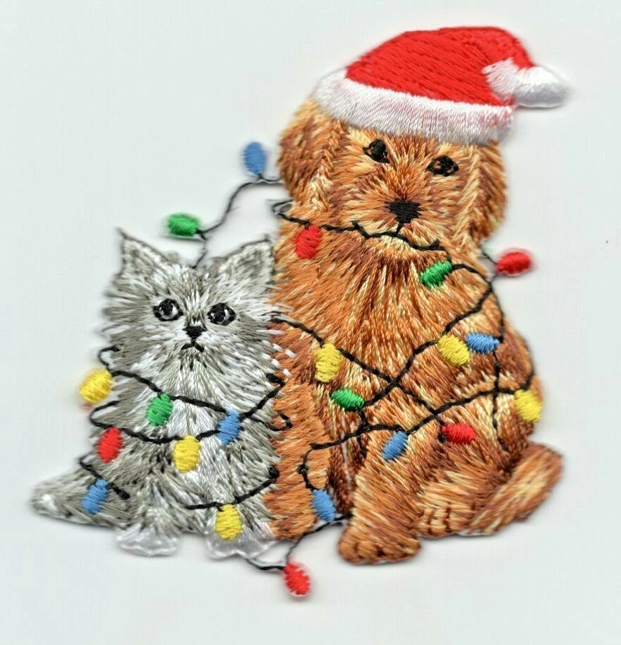 CHRISTMAS DOG & CAT Iron On Patch Christmas Holiday  - Image 1 of 1