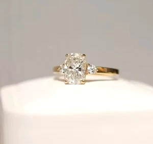 2.10CT Elongated Cushion Cut IGI Lab Grown Diamond 3-Stone Ring 14k Yellow Gold - Picture 1 of 23
