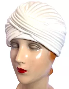 Vintage 60s KANGOL White Turban Hat Acetate W /Bow in Back Pleated - Picture 1 of 9