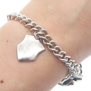 925 Sterling Vintage C Z Clover Horseshoe Heart Key Padlock Shield Bracelet 7" - Picture 1 of 8