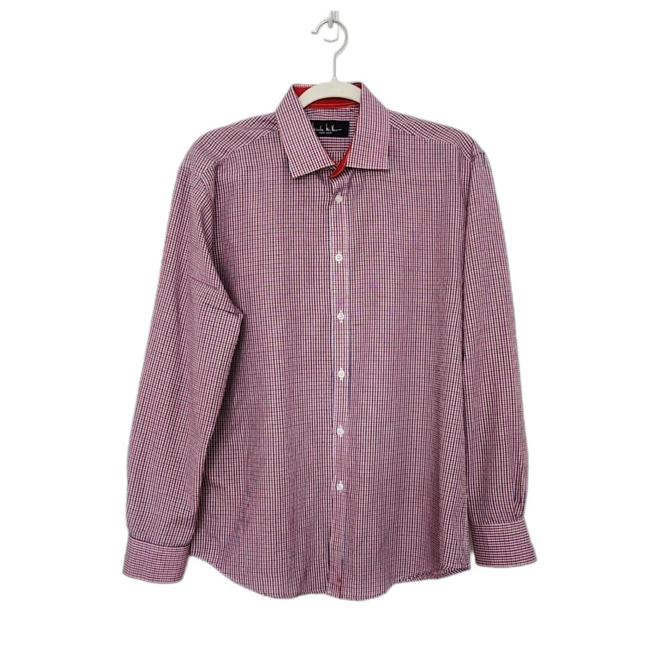 Camisa de vestir Nicole Miller ajustada a cuadros talla mediana roja multicolor. Foto 1 de 4