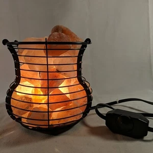 Himalayan Salt Lamp Pink Black Wire Basket Light Accent Lamp Metal Large Big - Picture 1 of 13