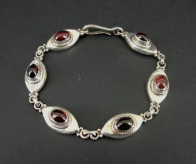 Bracelet Sterling Garnet Red Stones Link Sterling Silver 925 Bracelet - Image 1 of 4
