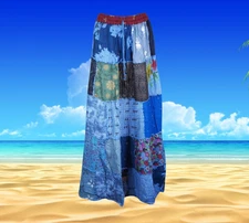 Patchwork Boho Maxi Skirt, Blue Women’s Patchwork Skirt, Summer Festival S/M/L