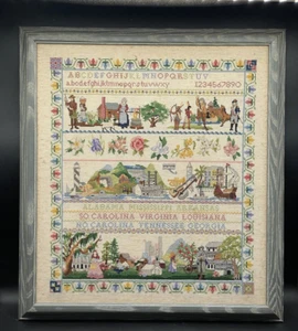 Framed Alphabet and States Cross Stitch Numbers Flowers Plantation Folk Art - Picture 1 of 16