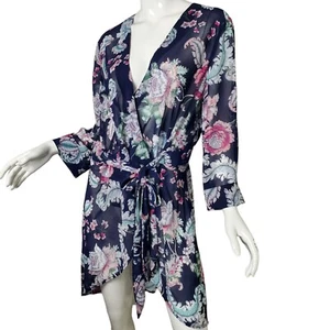 NYC Kimono Top Robe Cover-up Womens Size L Large Sheer Floral Blue - Picture 1 of 8