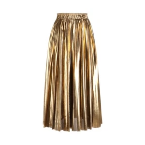 Lady Pleated Skirt Midi Elastic Waist Swing Shiny Gold Silver Party Dance Casual - Picture 1 of 15