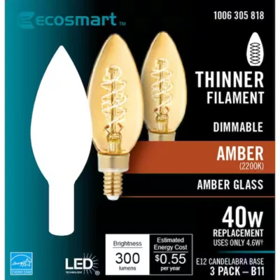 EcoSmart 40-Watt Equivalent BA11 Dimmable E12 Candelabra Fine Bendy Filament LED - Image 1 of 4