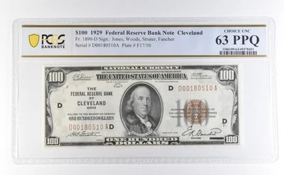 1929 $100 National Currency Cleveland OH Fr#1890-D Choice Unc 63 PPQ PCGS *2747 - Image 1 of 3