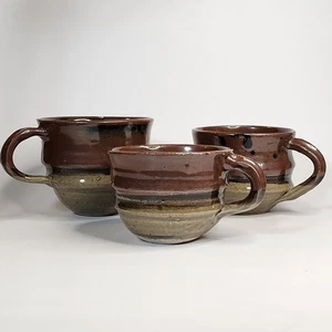 Studio Art Pottery Handmade Ceramic Earthy Brown Glaze Mug Signed Set of 3 - Picture 1 of 15