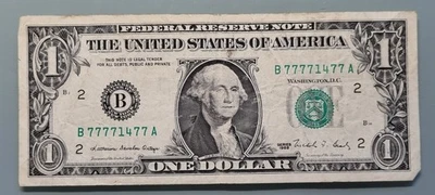 1988 One Dollar Federal Reserve Note $1 FANCY SERIAL NUMBER B77771477A #96354 - Image 1 of 2