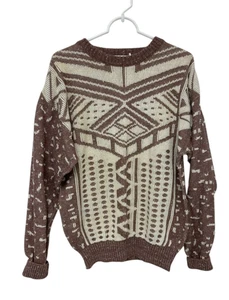 London Fog Maglione Vintage Uomo M Beige Bianco Astratto Geometrico Pullover Sci - Foto 1 di 7