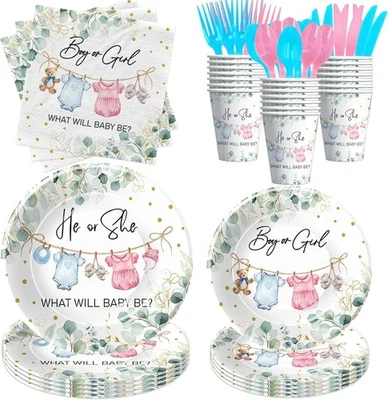 Juego de vajilla de baby shower Gender Reveal (platos, tazas, servilletas, utensilios) Foto 1 de 4