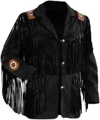 Men Native American Western Cowboy Leather Jacket Suede Fringe & Beaded - Black - Image 1 of 4